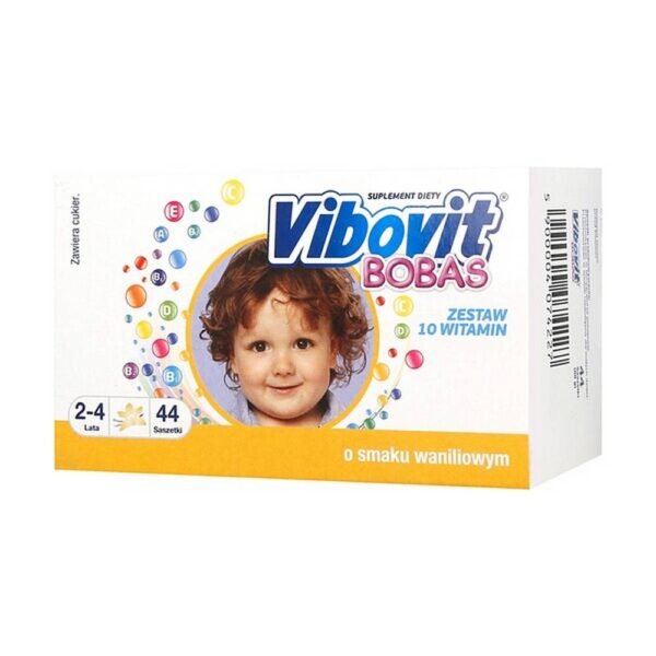 Vibovit Bobas - a dietary supplement in the form of a powder, intended for children aged 2-4 years. Vanilla flavor. Vitamin C contributes to the proper functioning of the immune system. Vitamin A contributes to the proper functioning of the immune system.
