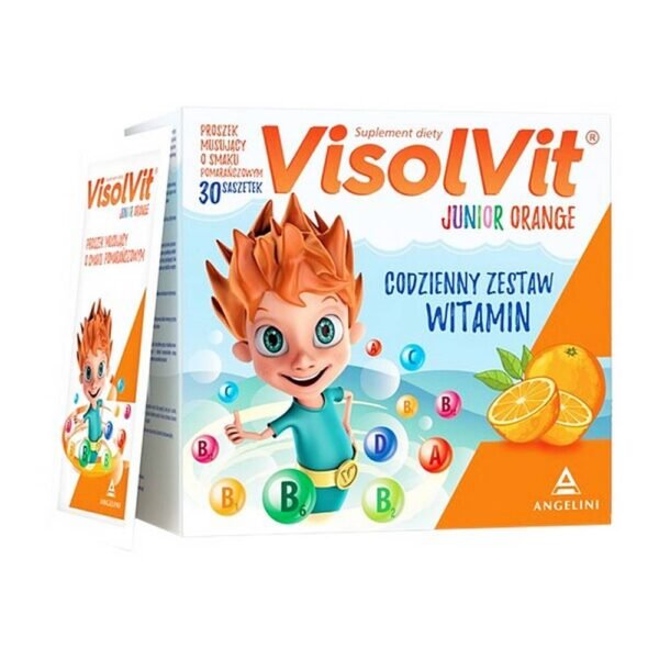 VISOLVIT Junior Orange - пищевая добавка, содержащая набор из 9 витаминов в виде шипучих гранул. Продукт предназначен для детей от 3 лет и подростков. Вкус апельсина. Витамин С поддерживает работу иммунной системы, увеличивает усвоение железа. Кроме того, он поддерживает выработку коллагена для обеспечения правильного функционирования хрящей, десен и зубов