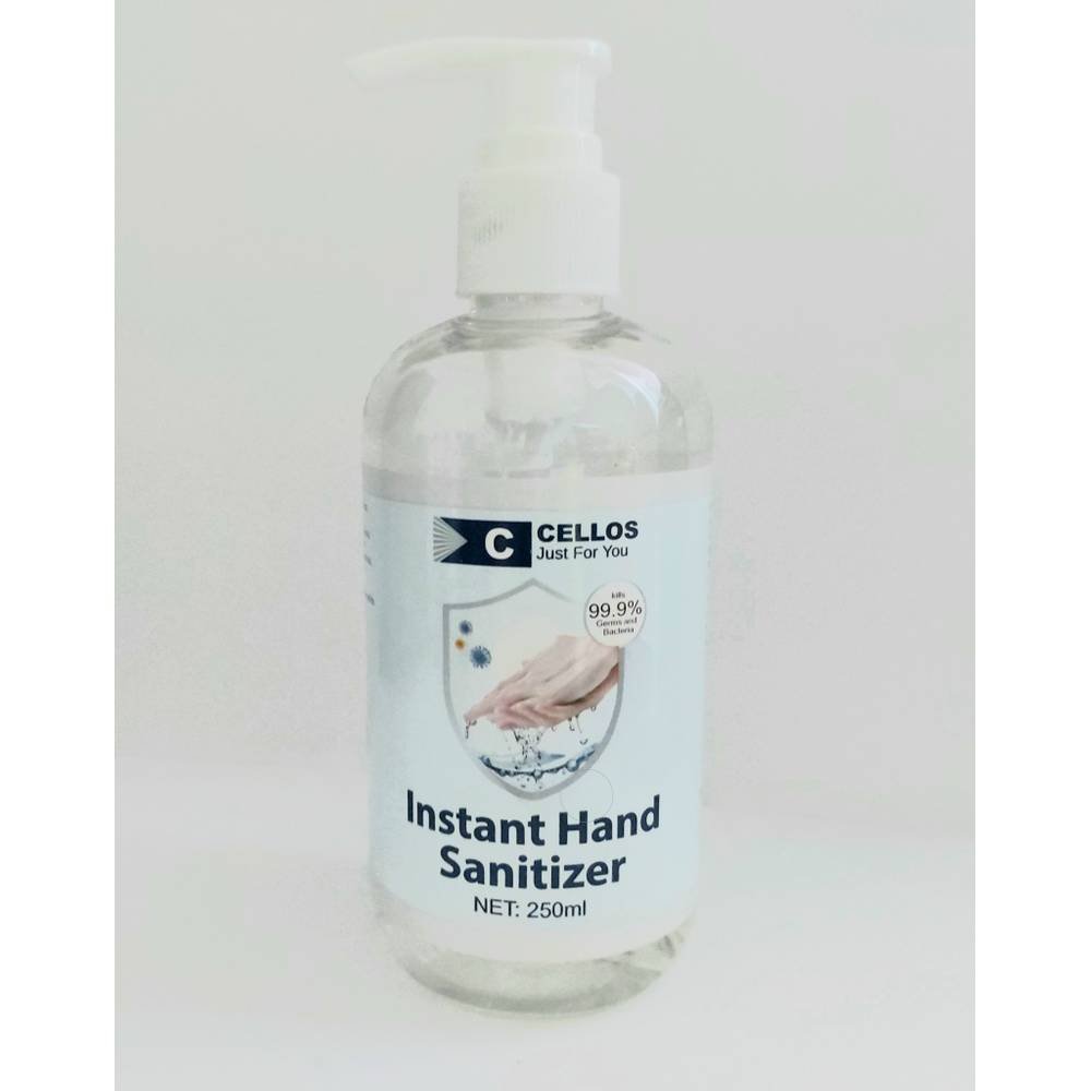 cellos 250 ml Antibacterial disinfectant gel containing 75% alcohol, perfume, aloe vera and glycerin. It is used to disinfect hands at work, at home and on the road. After shopping, working with money, at the post office, or after talking to other people. It destroys up to 99.99% of bacteria, viruses and germs.