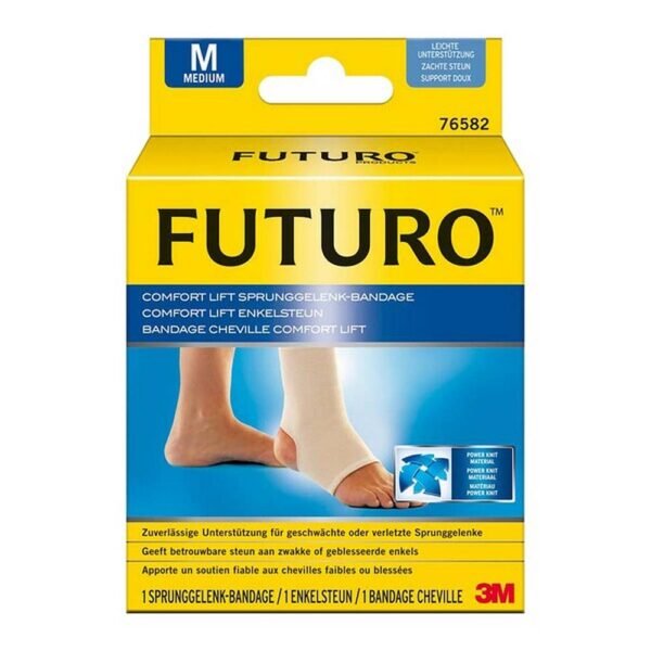 Futuro Comfort Lift, ankle brace, Medical device,Size M, ankle circumference 31.8-38 cm, fits right and left foot.The Futuro Comfort Lift band is flexible and stretchy, it also has a heel opening with a flat seam for comfort and a discreet look. Thanks to the smooth material that is breathable and absorbs moisture, the band provides warmth and comfort for the wrapped ankle.