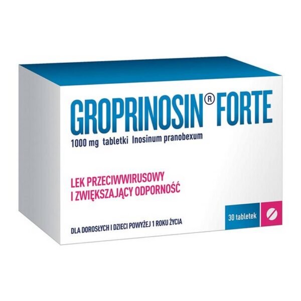 Groprinosin Forte tablets is an antiviral drug as well as a stimulant for the immune system. The active substance of the drug, inosine pranobex, inhibits the multiplication of Herpes viruses, which are pathogenic for humans, in vitro. Groprinosin Forte is used in the case of reduced immunity, when there are recurring infections of the upper respiratory tract, as well as in people diagnosed with herpes simplex virus when it occurs on the lips or skin. The medicinal product is intended for people over 1 year of age.
