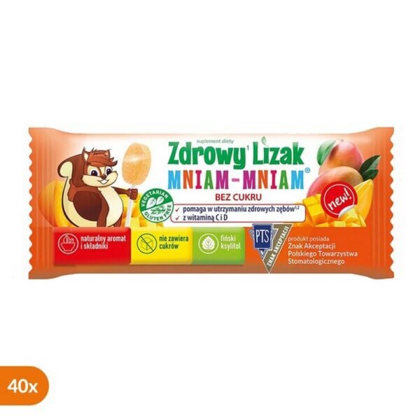 Healthy Lollipop MniamMniam with vitamins C and D - a dietary supplement containing Finnish xylitol and vitamins C and D. The preparation is intended for adults and children over 3 years of age. Mango flavor. Vitamins D and C support the proper functioning of the immune system.