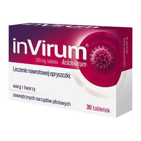 Invirum tablets are an antiviral medicine. Invirum contains acyclovir, which inhibits the growth of pathogenic Herpes viruses. It is given to treat recurrent cold sores on the lips and face, as well as on the external genitalia.