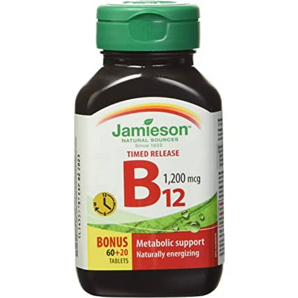 jamieson vitamin b12 80 Vitamin B12 contributes to optimal energy metabolism, proper nervous system function, normal immune system function, normal homocysteine metabolism, and reduced fatigue and exhaustion.