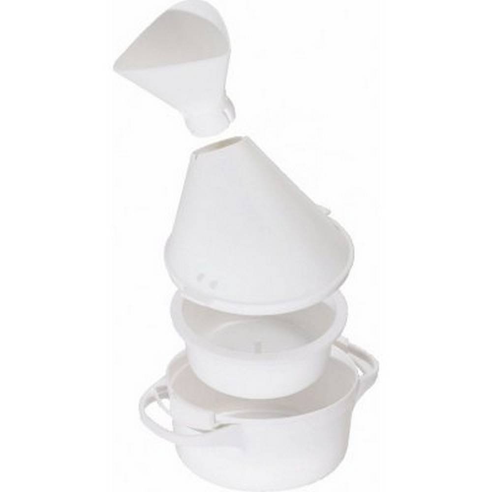 mod kp117 The steam inhaler is used for respiratory diseases. It consists of 4 parts. The advantage of the inhaler is the double wall of the lower container - in the lower part there is a removable container for hot water.