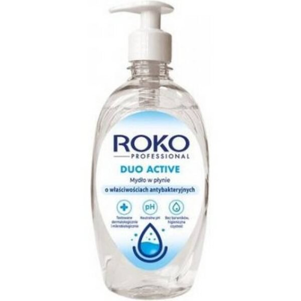 ROKO PROFESSIONAL DUO ACTIVE professional liquid soap - soap contains nourishing ingredients that improve skin hydration, elasticity and softness. Tested by dermatologists and microbiologists, it has a neutral pH, does not contain dyes or fragrances, ensures hygienic cleanliness and has a gentle effect on the skin.