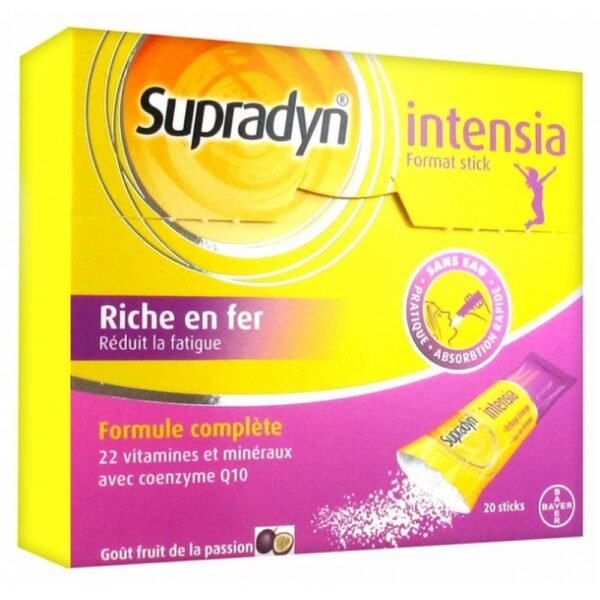 Supradyn Intensia 20 Sticks - это пищевая добавка, содержащая 13 витаминов и 9 минералов, а также коэнзящык10 и желедлон, осо желено, осо желено, осо желензо, осоти.
