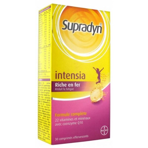 Supradyn Intensia 30 effervescent tablets contain vitamins A and E, as well as 8 B vitamins and vitamin C, which allow the body to recharge physically and mentally.