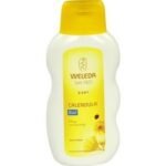The Weleda calendula bath with medicinal plant extracts cares for, soothes and supports harmonious development.