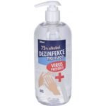 Hand disinfectant gel. It contains 75% alcohol. The container with the pump has a volume of 500 ml.
