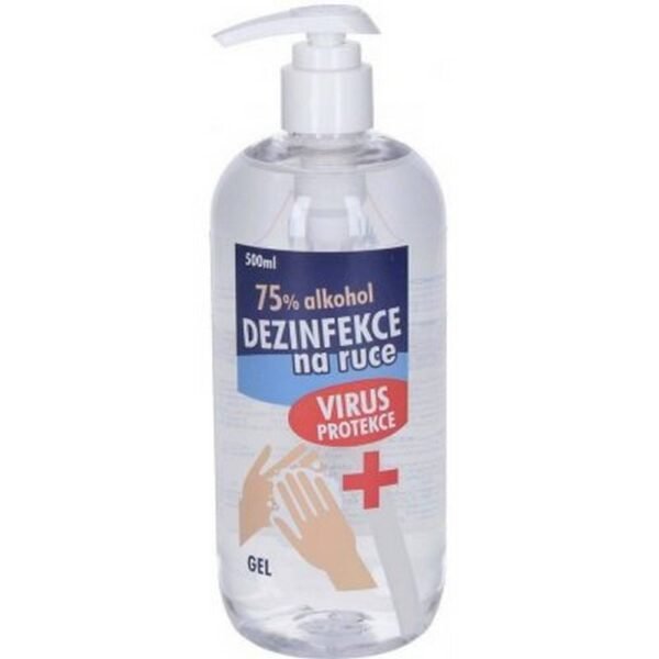 Hand disinfectant gel. It contains 75% alcohol. The container with the pump has a volume of 500 ml.