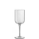 Designer red wine glass with a modern shaped goblet on a stable leg.