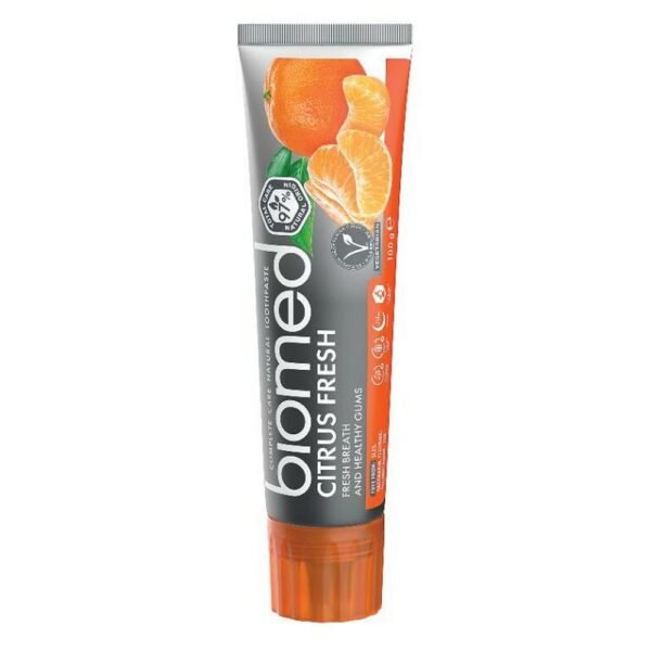 97% natural toothpaste with BIO certification for long-lasting fresh breath and healthy gums. A refreshing mint-citrus taste.