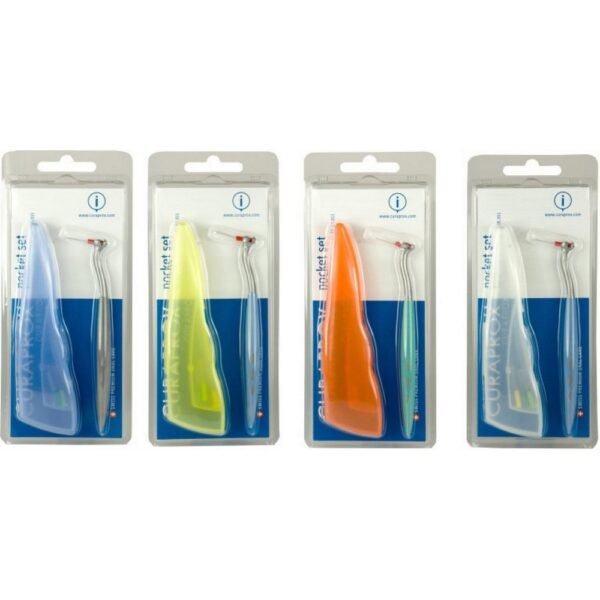 Durable plastic case with four interdental brushes and a plastic holder