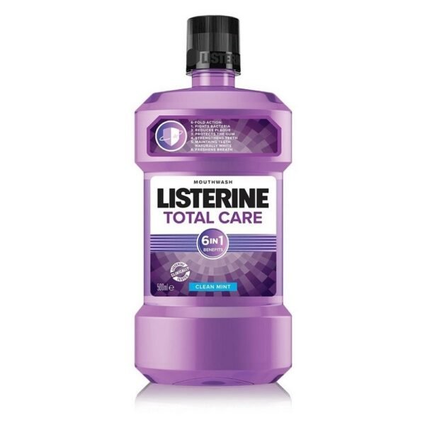 Listerine Total Care mouthwash provides 24-hour protection against bacteria, plaque and tartar.