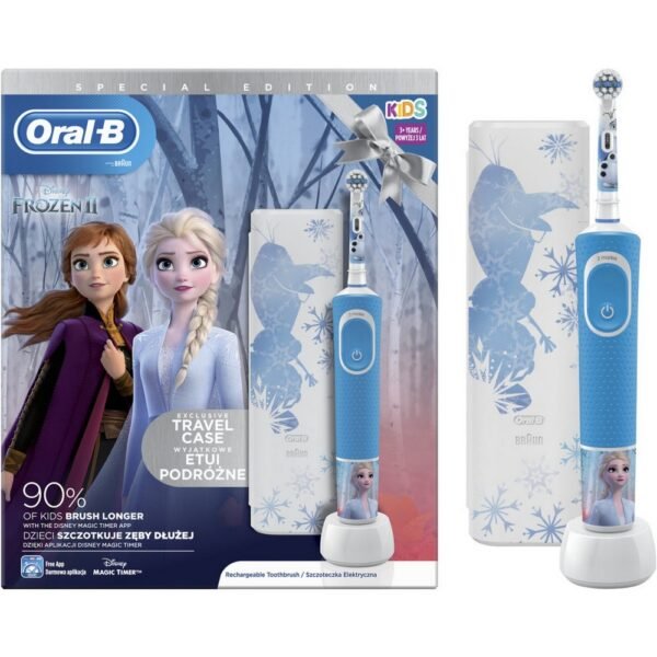 An electric toothbrush with the theme of the Ice Kingdom cleans teeth carefully and effectively. It has 2 cleaning modes, including a unique baby-friendly mode. Removes more build-up