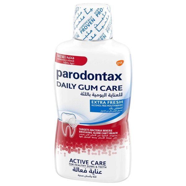Жидкость для полоскания рта PARODONTAX Daily Gum Care Extra Fresh не только освежает дыхание, но и борется с зубным налетом.