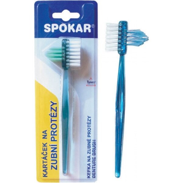 Brush for dentures SPOKAR Z brush for dentures is equipped with hard fibers on both sides, which ensure thorough cleaning of all parts of dentures.