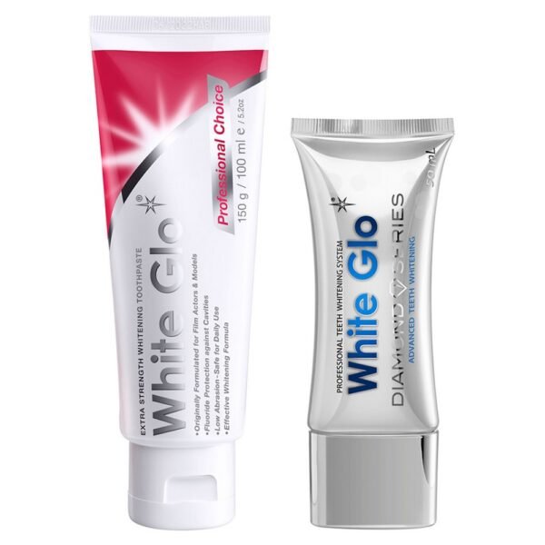 Advanced modern whitening system, including whitening gel + whitening toothpaste.
