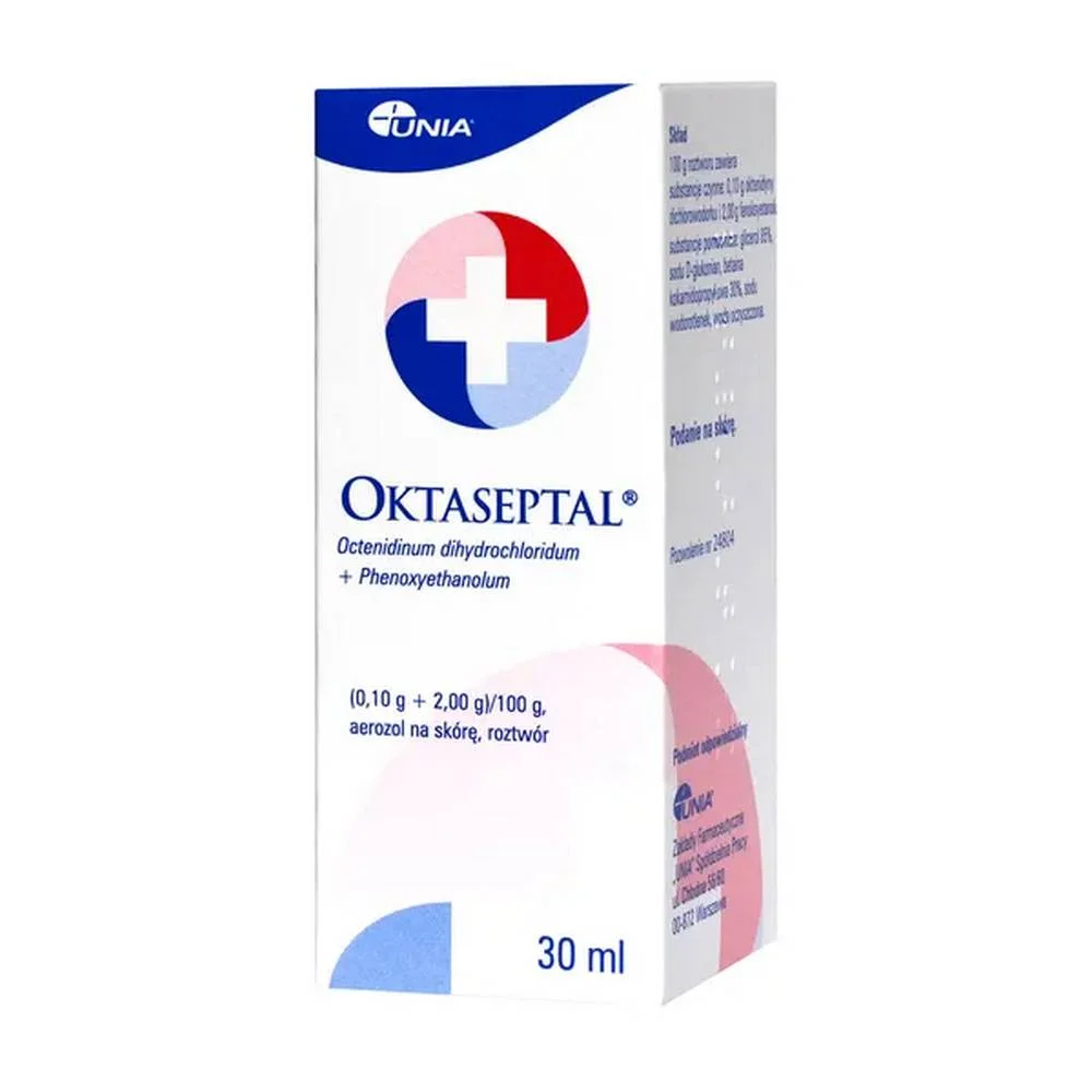 Oktaseptal, (0.10 g + 2.00 g) / 100 g, skin spray, 30 ml, Oktaseptal, (0.10 g + 2.00 g) / 100 g, spray do skóry, 30 ml, UNIA