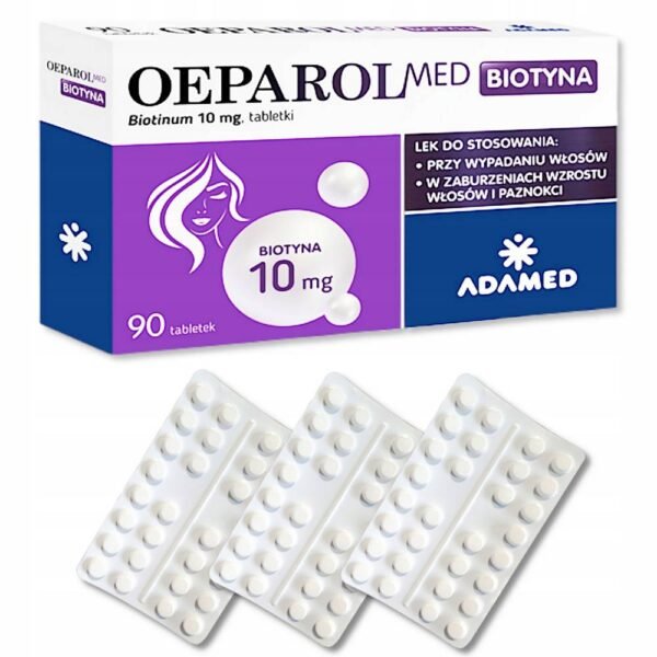 OeparolMed Biotyna tablets are a preparation containing biotin used as an adjuvant in the treatment, in particular, of hair loss, hair and nail growth disorders, and skin inflammations located, for example, around the eyes and nose.