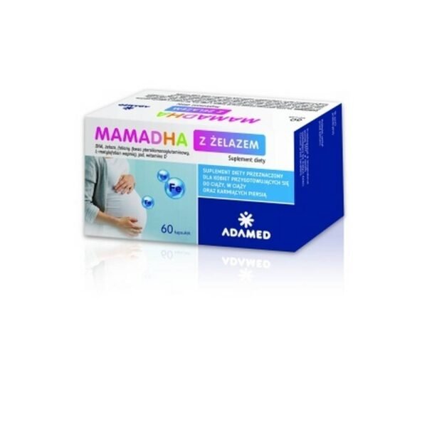 MamaDHA with Iron is a dietary supplement in capsule form containing the fatty acids EPA and DHA from fish oil, iron, vitamin D, folic acid and iodine.