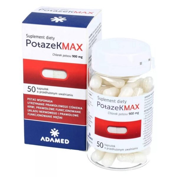 Potazek MAX is a dietary supplement containing ingredients that help meet the body's need for potassium.