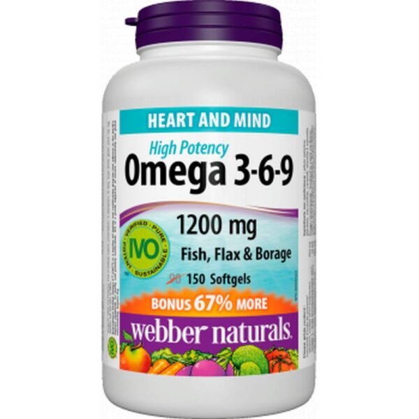 Supports heart health - WEBER NATURALS Omega 3-6-9 softgel caps. 1200mg,