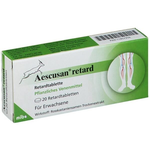 Aescusan retard For the treatment of complaints of leg vein disease (chronic venous insufficiency), characterized by swelling of the legs, varicose veins, a feeling of heaviness and tension, pain, itching, fatigue in the legs and calf cramps.