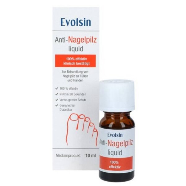 Evolsin Anti-Nail Fungus Liquid is a medical product used to treat fungal nail infections (onychomycosis) on the hands and feet.