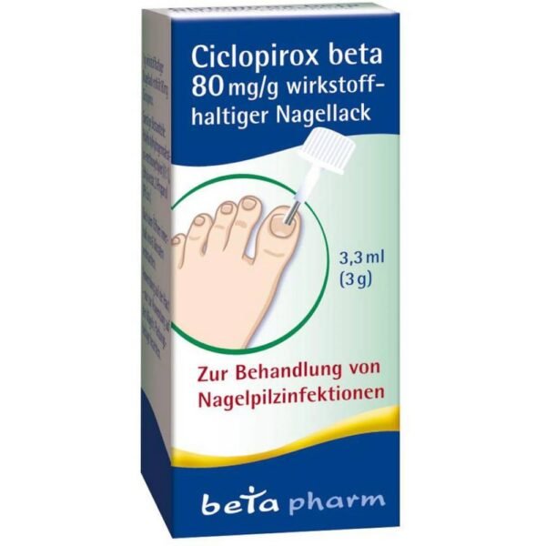 Ciclopirox beta antifungal nail polish for use by ages 18 and up.