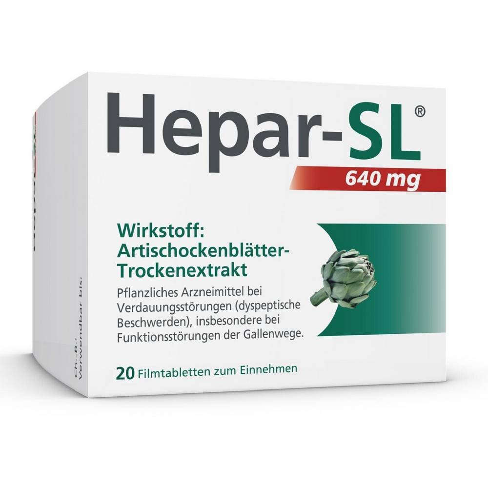 hepar sl 640 mg filmtabletten 20 stk Hepar-SL® 640 mg quickly and reliably relieves digestive problems such as bloating, flatulence, upper abdominal pain, nausea and vomiting, and promotes the digestion of difficult-to-digest dietary fats.