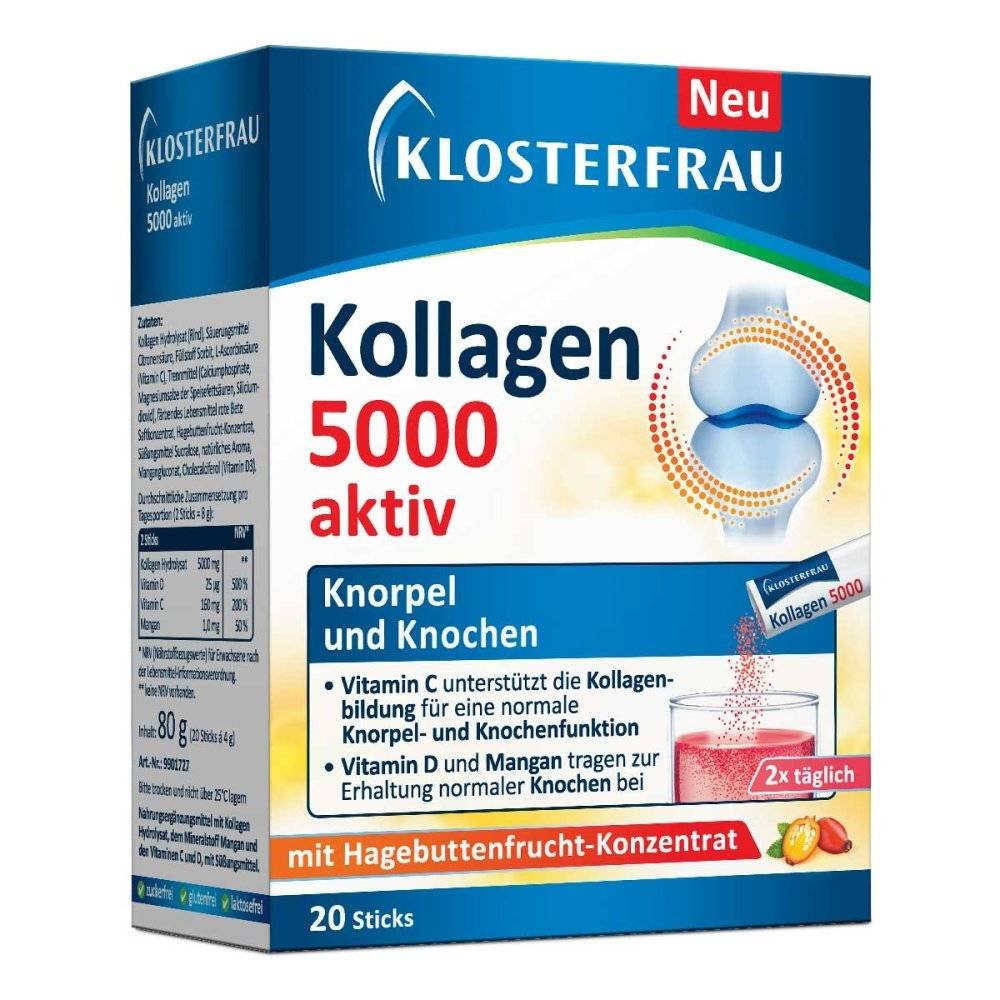 klosterfrau kollagen 5000 aktiv granulat sticks 20 stk Kollagen 5000 Aktiv for daily care of cartilage and bone tissue.