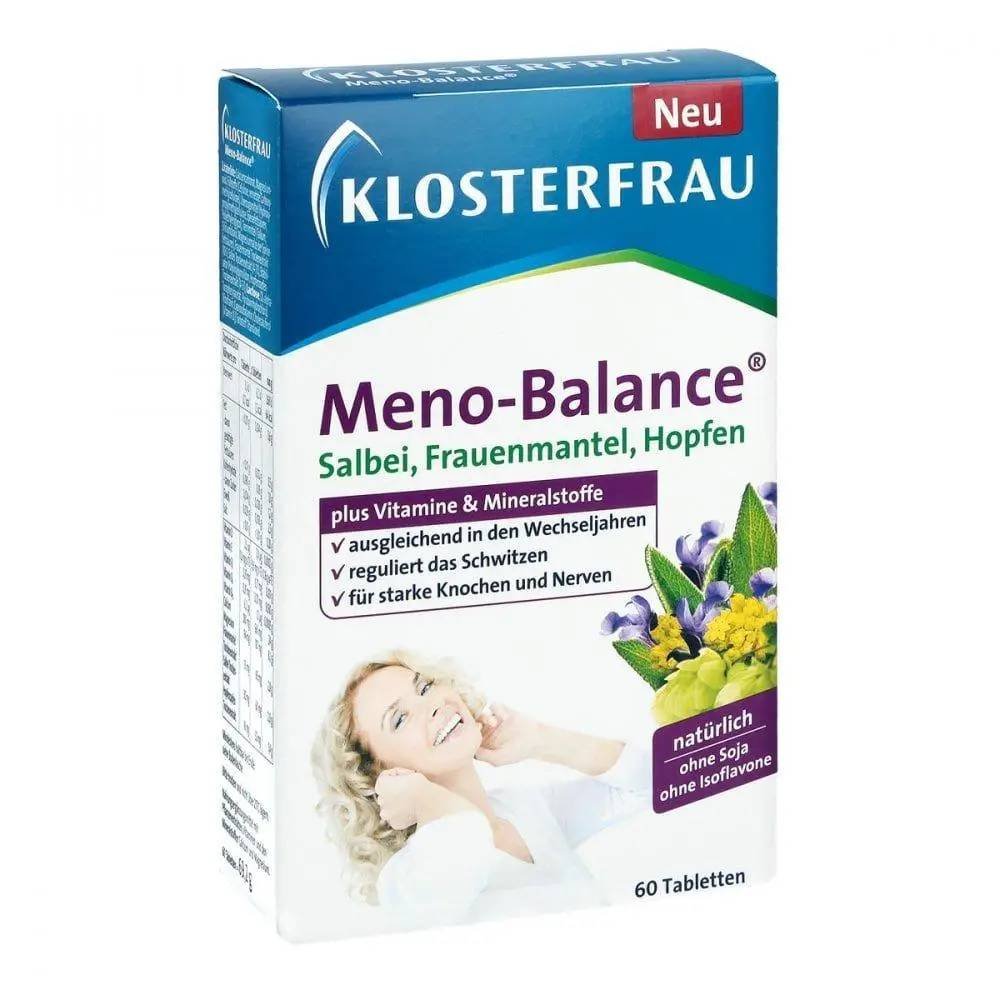 klosterfrau meno balance tabletten 60 stk Meno-Balance from Klosterfrau provides the female body with valuable vitamins, minerals and plant substances, without isoflavones (e.g. from soy), and fully supplies the female body with natural, rich nutritional supplements that are so necessary during menopause.