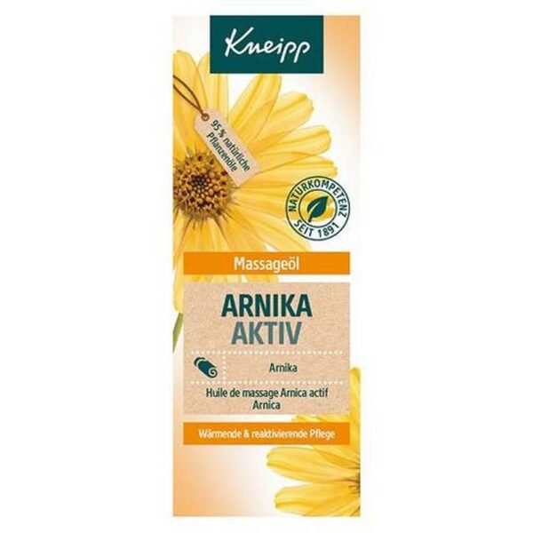 The Kneipp massage oil Arnika Aktiv with arnica and ginger extracts, shea butter as well as nourishing sunflower oil and moisture-regulating almond oil supports you in your skin care and ensures a relaxed skin feeling.
