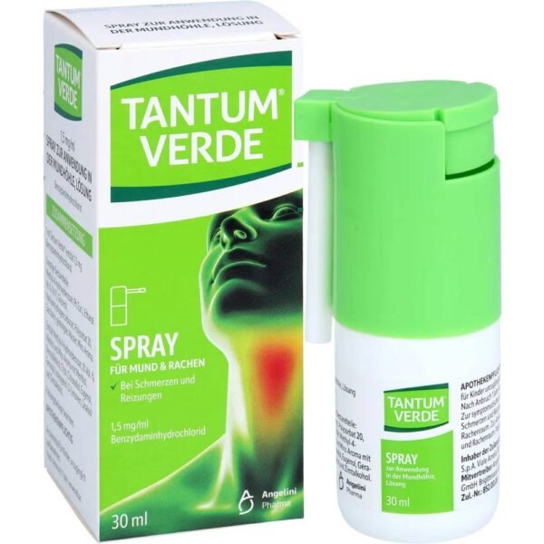 Tantum Verde® spray with the active ingredient benzydamine is sprayed directly into the mouth and throat as a ready-to-use solution for the treatment of pain and irritation.