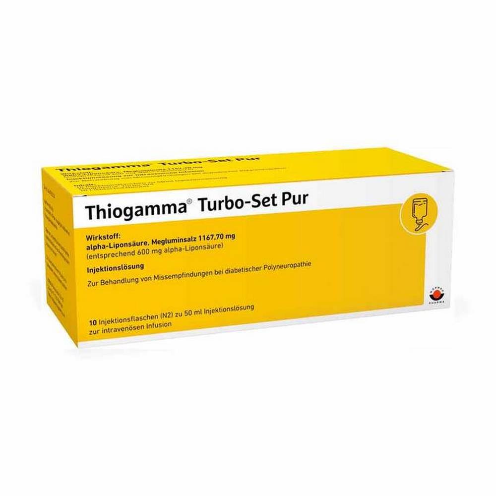 thiogamma turbo set pur inj fl 10 x 50 ml Thiogamma Turbo Set Pur Inj.-Fl. relieves discomfort in diabetic nerve damage (polyneuropathy).